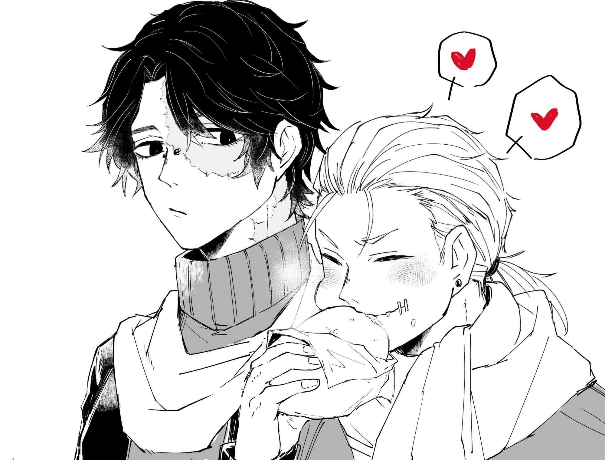 this is an animestyle illustration of two boys in a relationship. the boy on the left is holding a wrapped snack, and the boy on the right is looking up at him with a sweet and blushing expression. the artist uses soft lines and shading to create a tender and romantic atmosphere. both boys are wearing scarves, which suggests a winter setting. the background is simple and clean, drawing attention to the couple's interactions. the hearts floating above the boy on the right express their love and affection for each other.