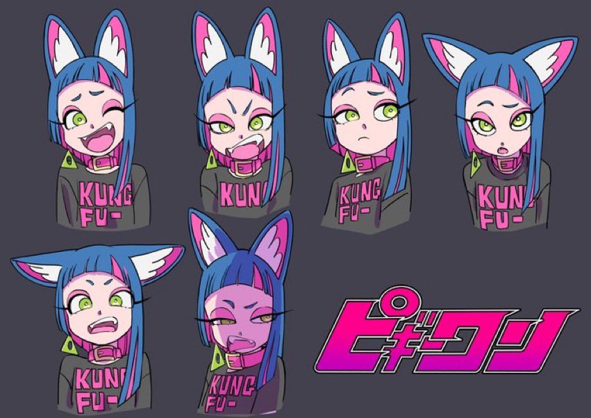 this image shows a character design sheet featuring a female character with blue hair, pink cat ears, and a black "kung fu" shirt.  she is shown in six different expressions, ranging from happy and excited to angry and disgusted. the art style is reminiscent of anime and manga, with exaggerated features and bold lines. a pink and white logo appears in the bottom right corner.