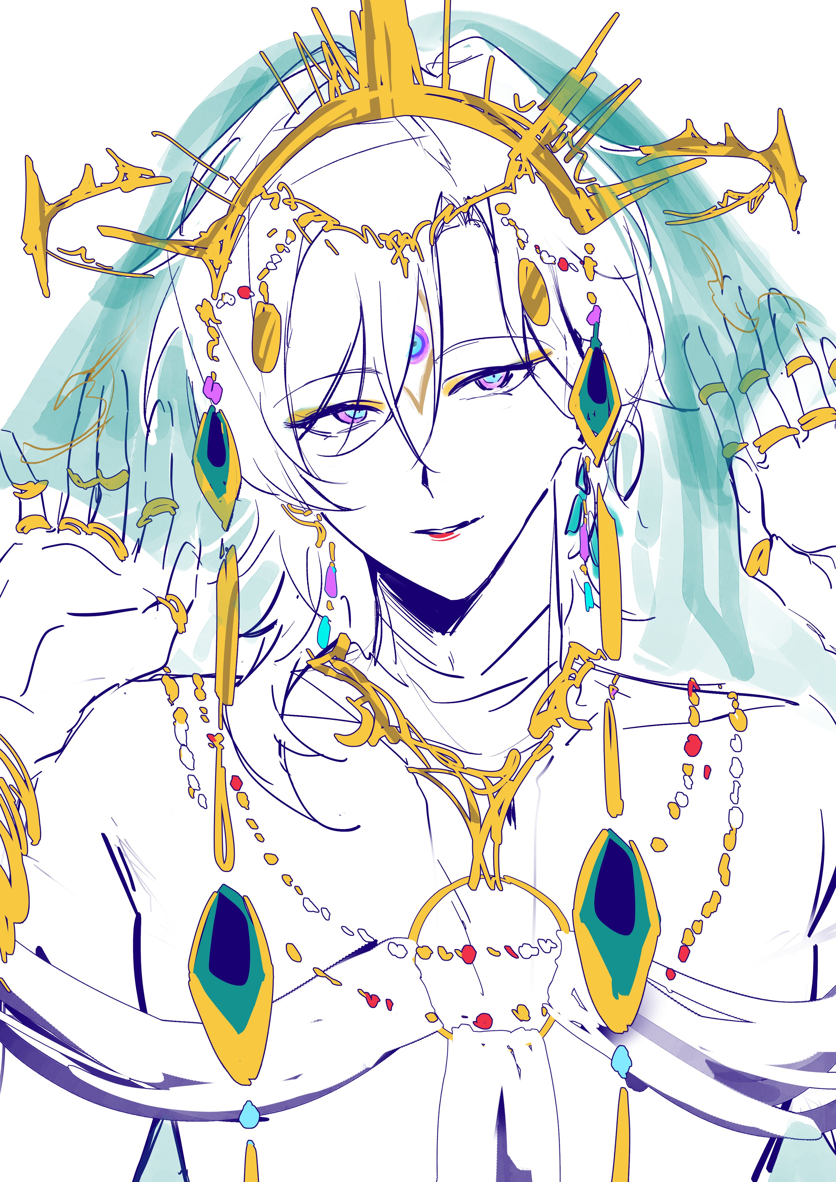 a digital illustration of an anime character with long white hair, wearing a gold crown, and a lot of jewelry. she has a serious expression on her face.