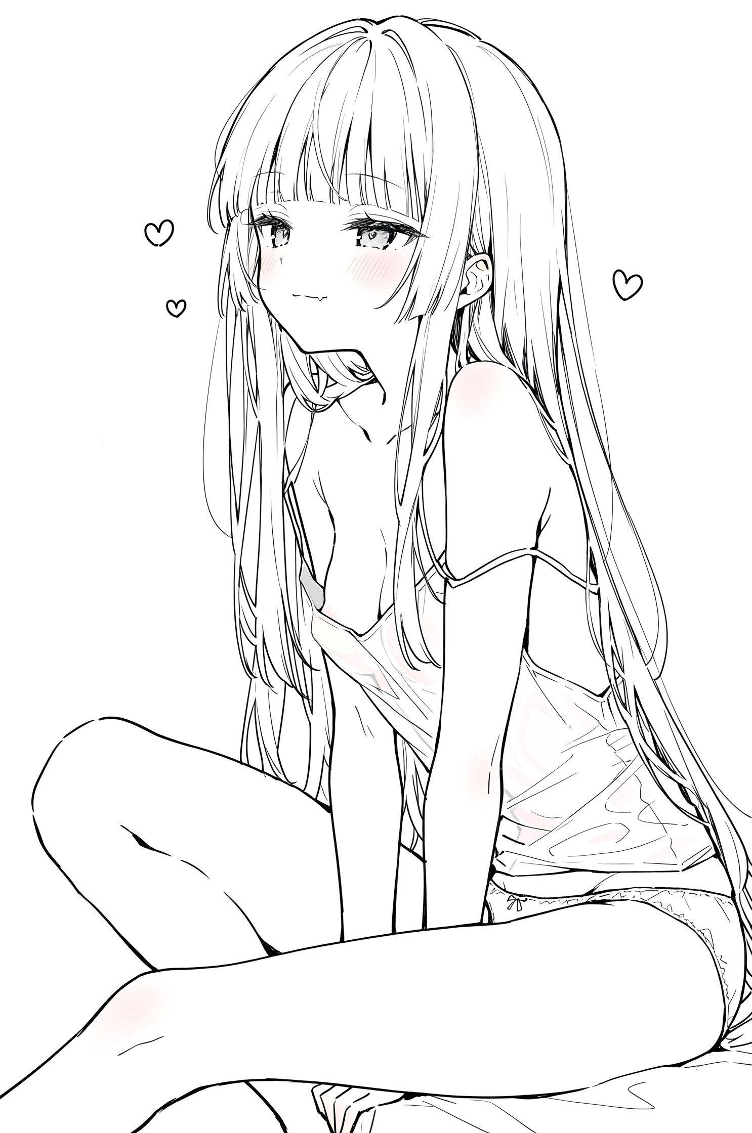 a black and white drawing of an anime girl sitting with her legs crossed. she has long hair and is wearing a tank top and panties. there are hearts floating around her head and she is blushing.