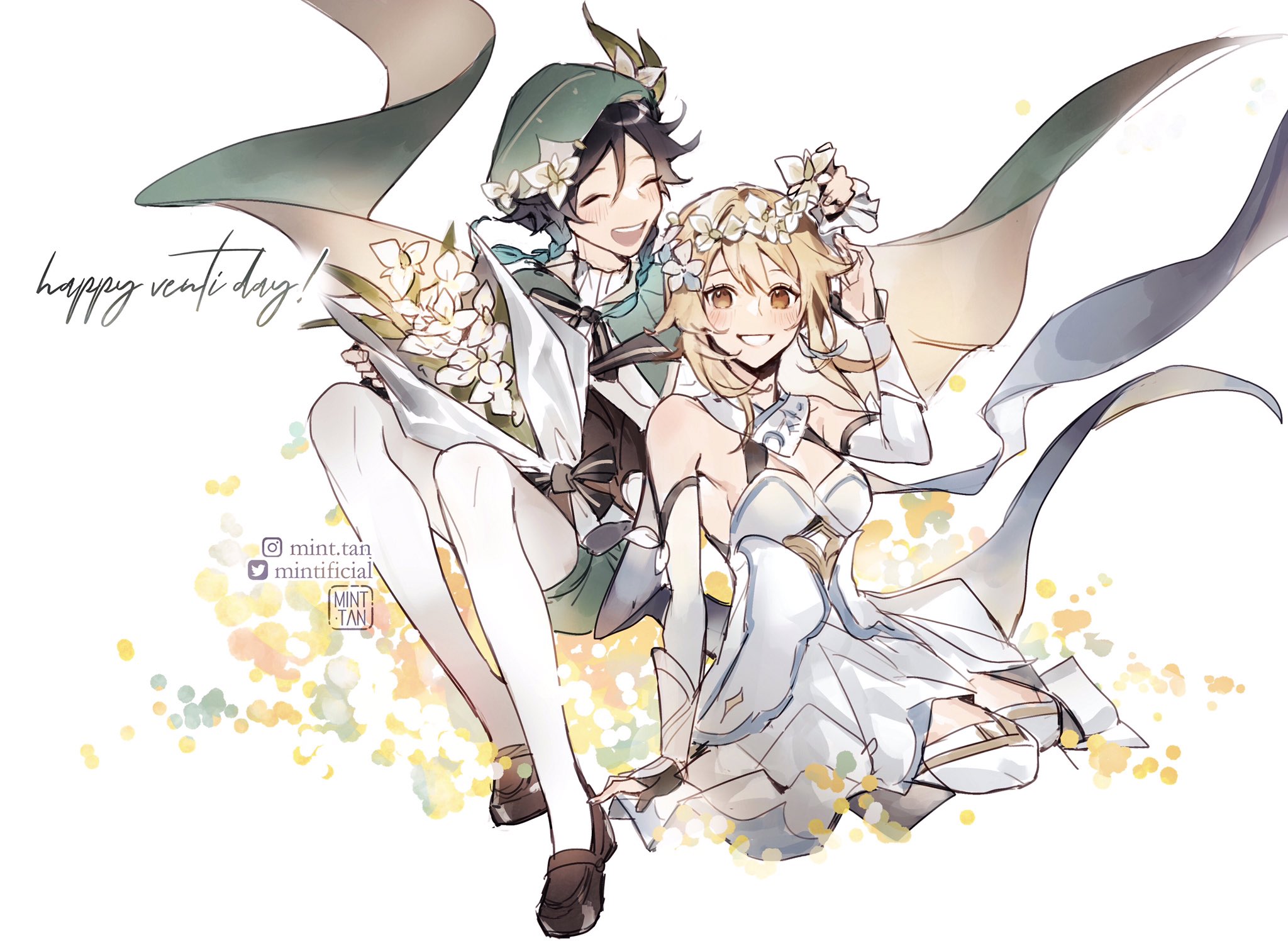 this is a digital illustration of two anime girls, one wearing a green dress and one in a white dress. they are standing together, smiling, and holding a bouquet of white flowers. the background is a blur of white and yellow, with a few green leaves and flowers scattered around. the illustration is very cute and romantic, and it captures the essence of love and friendship. the girls look happy and carefree, and their smiles are contagious. the flowers add a touch of beauty and elegance to the illustration. this image is perfect for anyone who loves anime, cute art, or romantic illustrations.