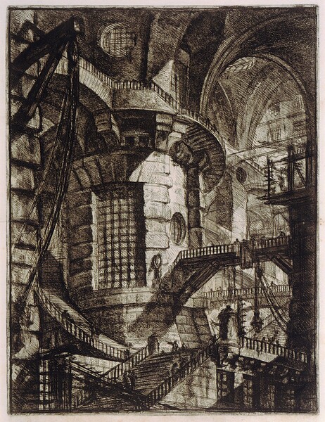this is an etching by giovanni battista piranesi titled "carceri d'invenzione", depicting a fantastical and intricate prison interior. the artwork showcases a complex arrangement of staircases, arches, and vaults, creating a monumental and somewhat claustrophobic space. small figures are scattered throughout, emphasizing the immense scale of the architecture. the artwork is characterized by its dramatic use of light and shadow, adding depth and a sense of mystery to the scene.