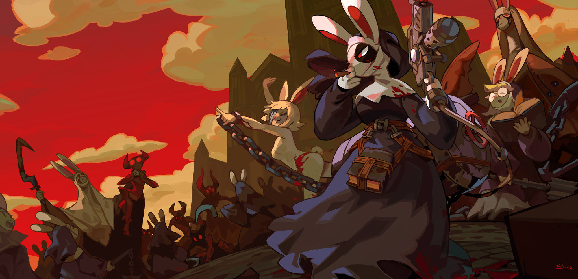 a dark fantasy illustration of several characters. the central figure is a nun wearing a mask with rabbit ears. she is wielding a gun with a chain on the side, and has a book attached to her belt. she is standing amongst other characters, who appear to be chained together, some of them with blood on their bodies. the illustration is done in a digital art style, and features a dark, brooding color palette.