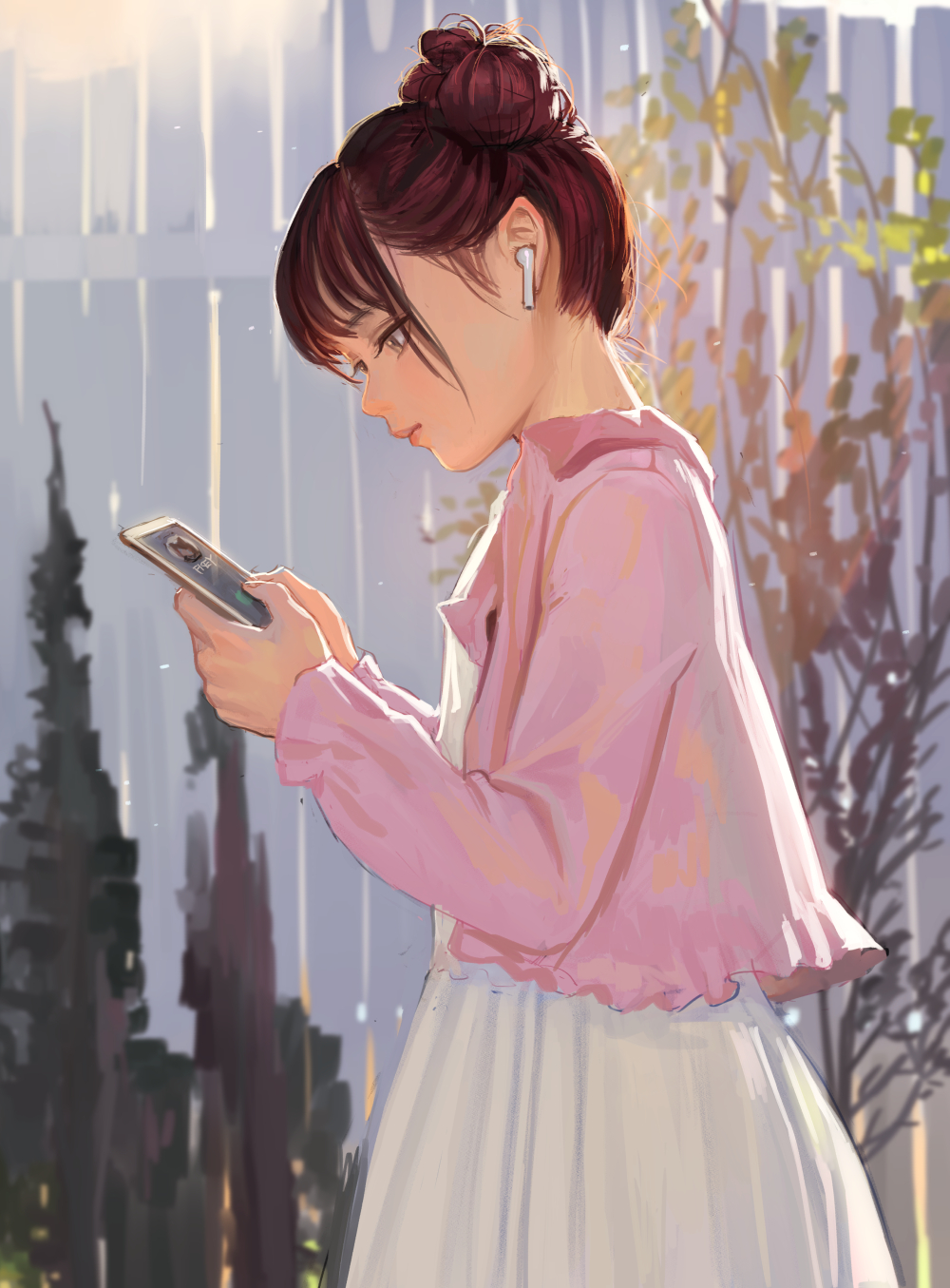 a digital painting shows a teenage girl or young woman looking down at her mobile phone. she has brown hair styled in a bun and is wearing white earbuds. she's also wearing a pink jacket over a white dress. the setting appears to be indoors, with bright sunlight streaming through the window behind her and trees or plants visible outside. the artwork has an anime or mangainspired style.