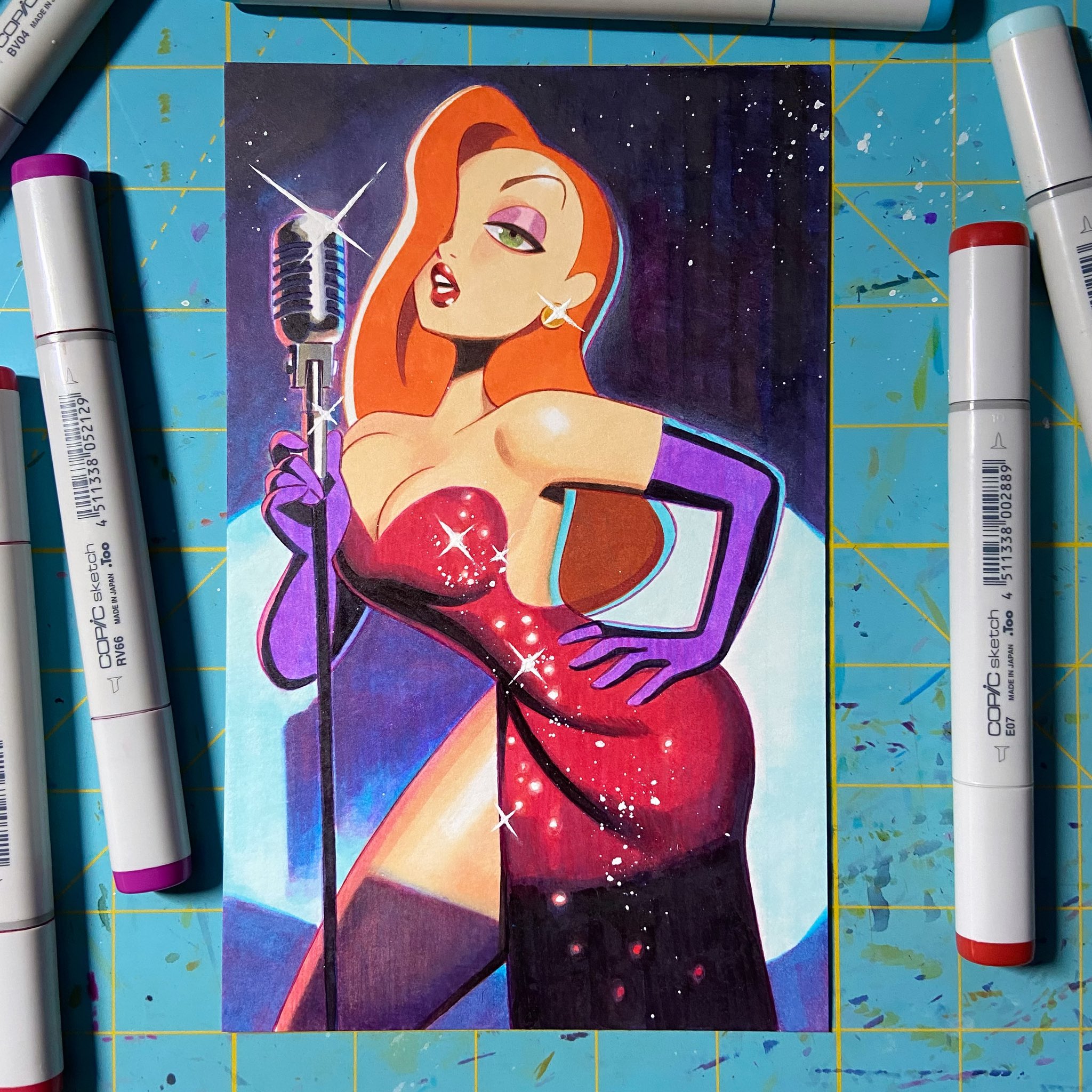 a digital illustration of jessica rabbit from who framed roger rabbit. she's wearing a red dress with sparkling sequins and purple gloves. she's holding a microphone and singing. she's standing on a stage in front of a backdrop of stars and a crescent moon.