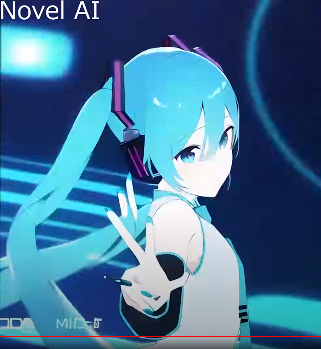 the image showcases a vibrant, animestyle female character set against a futuristic, neonlit stage backdrop. her attire and the surrounding visuals evoke a sense of technology and music. the color scheme is dominated by electric blues and purples, creating a visually striking contrast.  she is positioned in a dynamic pose, suggesting movement and engagement, possibly midperformance.