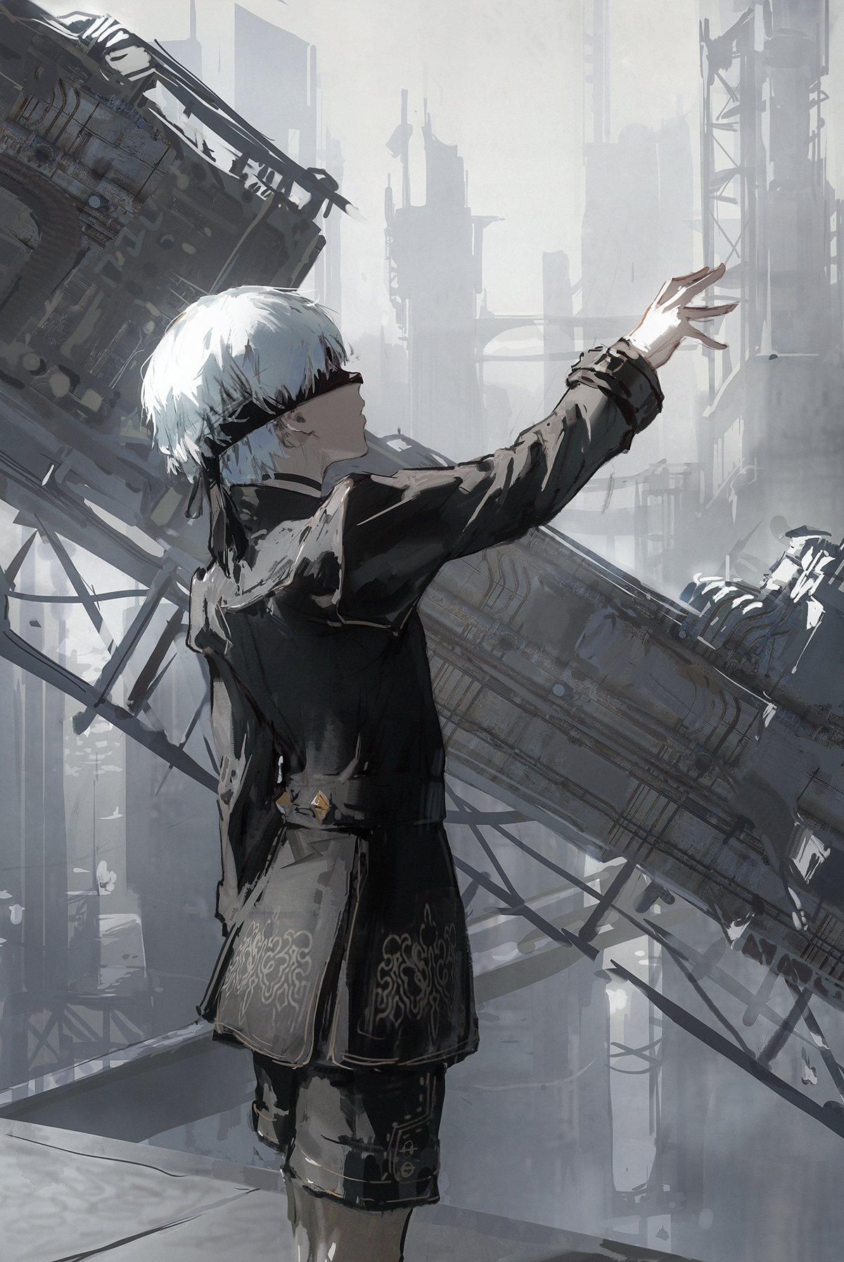 a monochrome illustration of an anime character. the character is male and appears robotic in nature, wearing a black and white outfit and a blindfold. the character is standing on a platform with a large piece of machinery behind them, reaching out with their hand.  the background is a  futuristic cityscape with towering structures.  the illustration has a cyberpunk aesthetic.