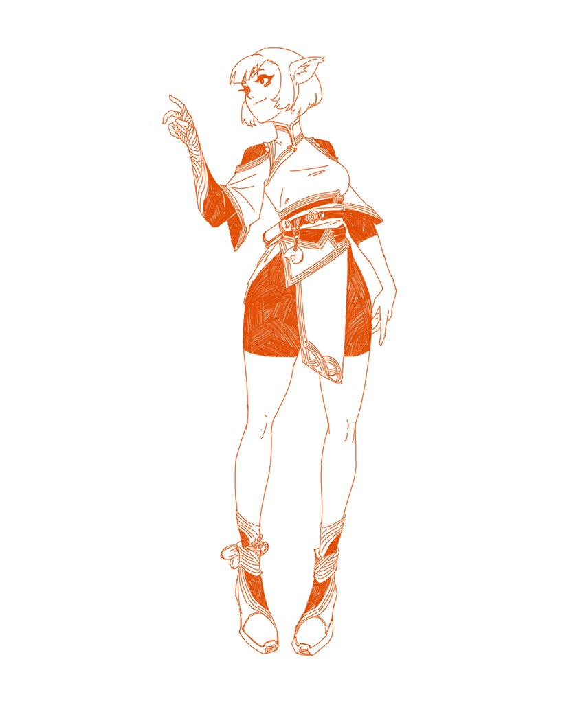 the image is a fullbody, orange lineart illustration of a stylized female character. she appears to be of anime or fantasy design, with pointed elflike ears and short hair. she's wearing a unique outfit that includes a short, belted tunic, a skirtlike bottom piece, and boots with wrappings around the ankles.  her pose suggests a gesture of contemplation or pointing. the style is clean and minimal, focusing on the lines to create the character's form and clothing. the overall aesthetic is one of fantasy or scifi, and the color choice emphasizes a distinct style.
