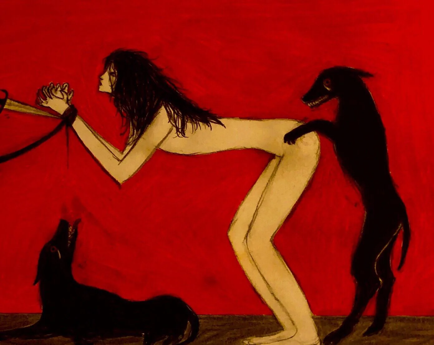 a surreal and somewhat disturbing image depicts a naked woman with her hands bound, positioned between two dark, seemingly feral dogs, set against a vivid red background. one dog stands on its hind legs, nuzzling the woman's backside, while the other sits nearby, its head raised as if howling or barking. the overall impression is unsettling and suggestive of a dark or violent theme.