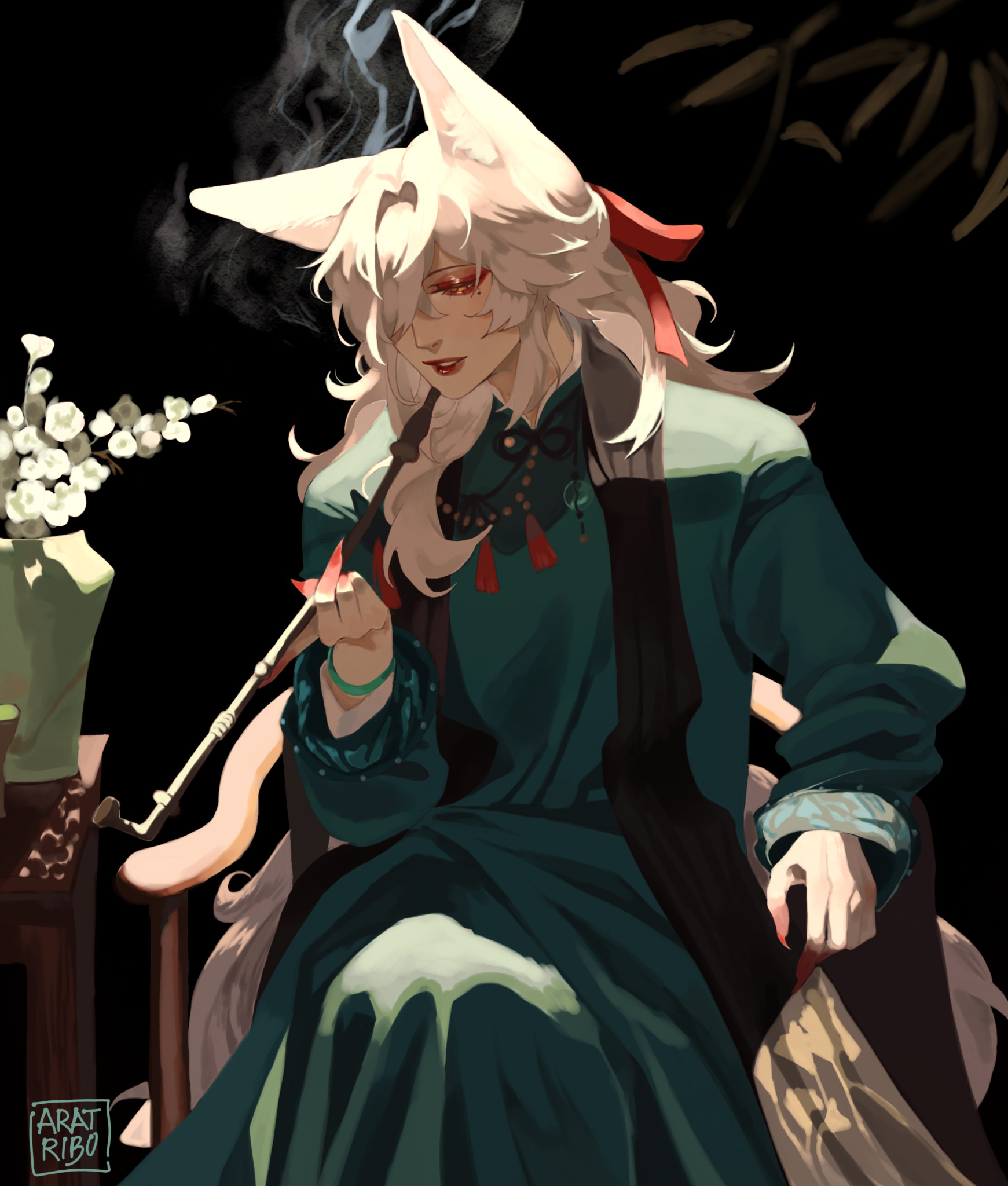 the image shows an anime character who appears to be a woman.  she has long white hair, fox ears, and red eyes.  she's wearing a green, longsleeved outfit, and a red ribbon in her hair.  she is sitting on a chair, smoking from a long pipe.  there are white flowers in the background.  she is sitting on a chair with a chair back that appears to be made of wood.