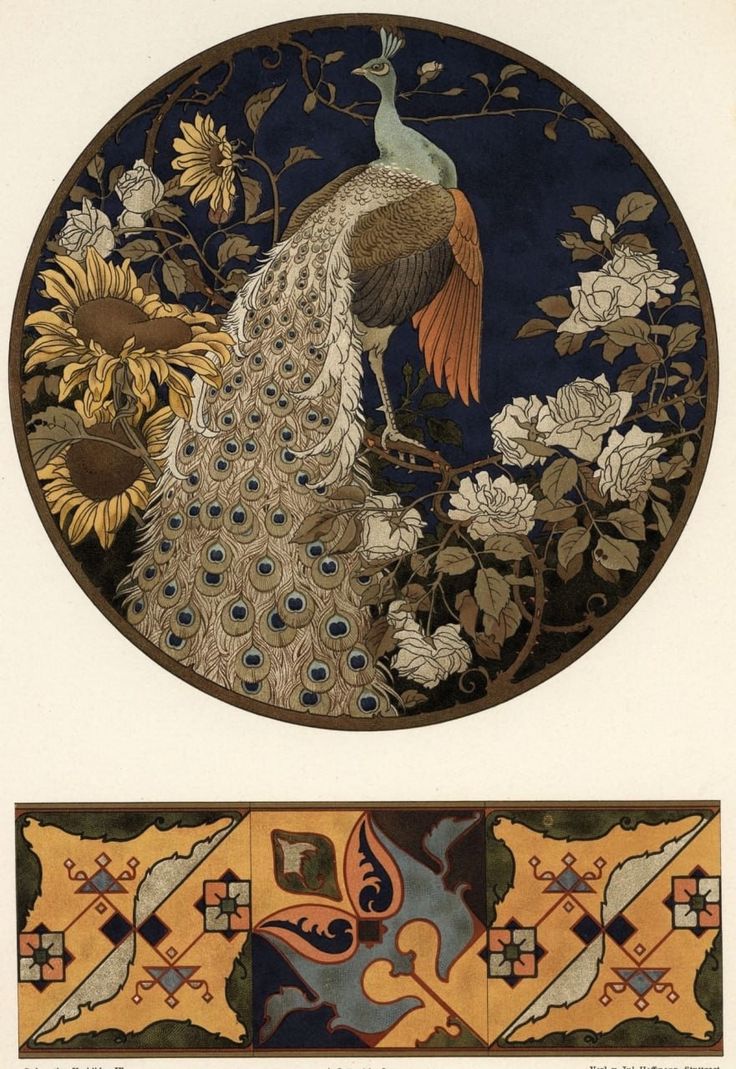 he image shows two separate designs. the upper section is a circular illustration depicting a peacock perched amongst sunflowers and white roses against a dark blue background. the style is reminiscent of art nouveau, characterized by flowing lines and organic forms.  the colors are muted, with gold, browns, and creams against the deep blue. the lower section features a rectangular design that appears to be a tile border or repeating pattern.  it is composed of geometric shapes and stylized floral motifs in a muted color palette of yellows, oranges, blues, and greens.  both designs share a similar stylistic aesthetic indicative of the art nouveau movement.  the overall impression is one of elegance and sophistication.