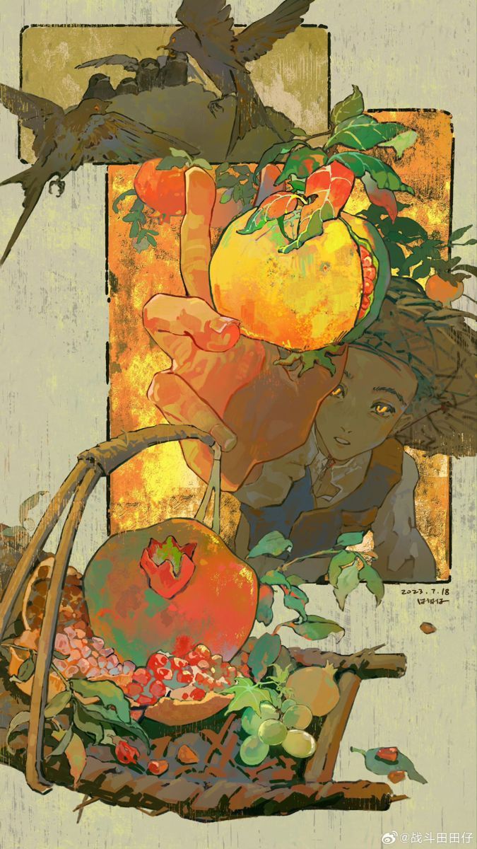 the image is a digital painting or illustration that blends elements of art nouveau and surrealism. the style is highly stylized with visible brushstrokes and textured surfaces, creating an atmospheric and expressive feel. the central focus is a large, glowing pomegranate being held by a hand that emerges from the scene's background.  a woman's face and upper body are partially visible, suggesting a mystical or folkloreesque setting.  the composition includes a collection of fruits in a rustic basket, including another pomegranate, grapes, and possibly other berries. above the scene, birds in flight are depicted in a smaller inset, creating a sense of depth and narrative. the overall color palette is warm, dominated by golden yellows, oranges, and reds against muted greens and browns, suggesting a harvest or autumnal theme.  the artwork's aesthetic suggests a blend of folk art and more sophisticated artistic styles, resulting in a unique and visually captivating piece.