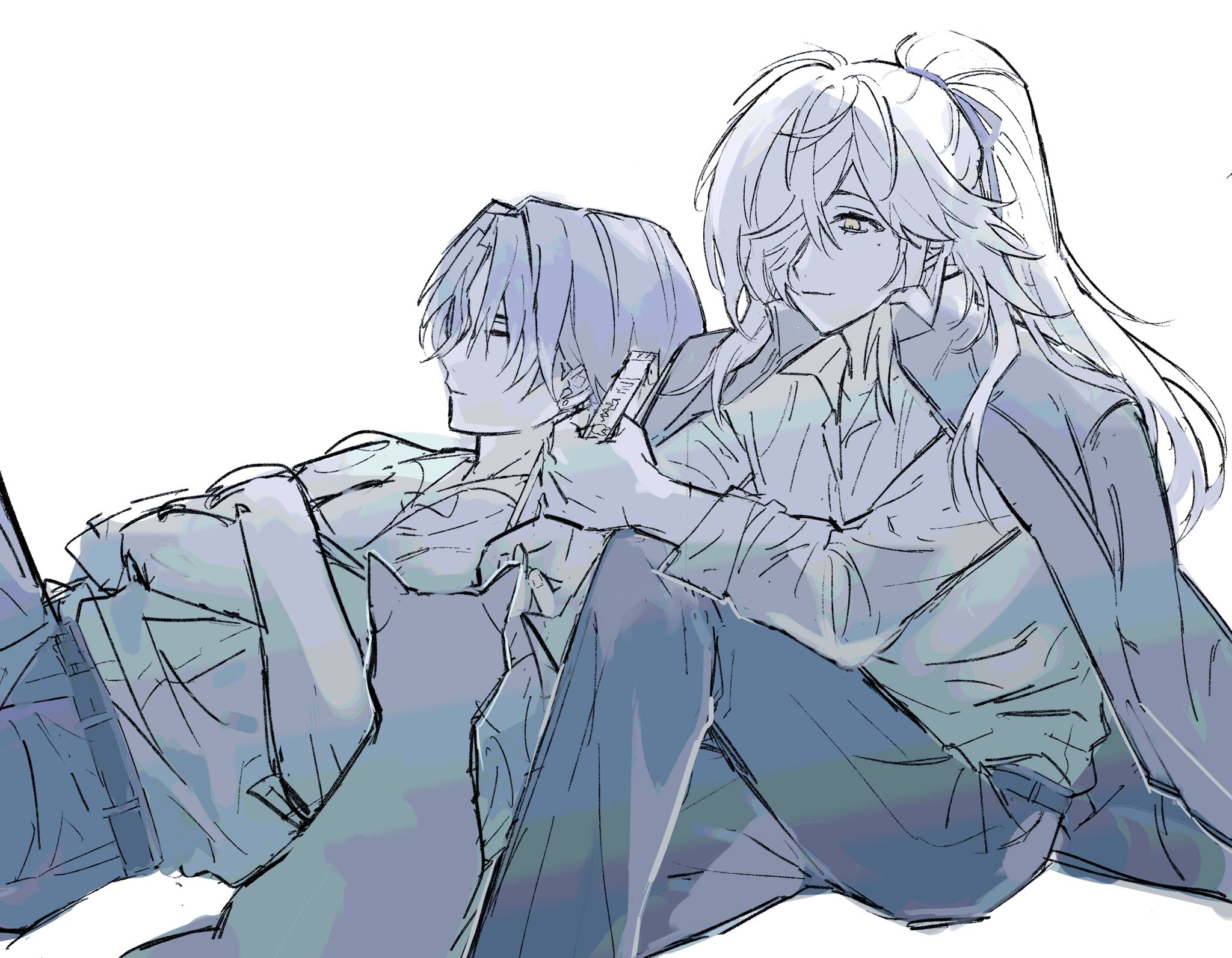 this is a digital drawing of two anime characters. they are both male, one with short hair and the other with long, white hair in a ponytail. they are sitting next to each other, the one with short hair is resting his head on the other's shoulder and looking towards the right, the other is looking towards the left and smiling slightly. they appear to be a couple. the drawing is in a sketchy style with faded colors. the background is white.