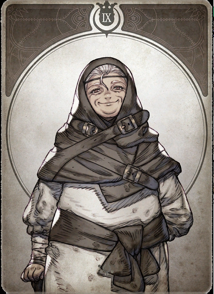 a stylized, sepiatoned illustration depicts the upper body of a smiling, elderly woman on a tarot card designated "ix." she wears a white robe layered beneath a heavy, dark cloak with multiple buckles. her head is covered by a hood, revealing her wrinkled face and a single visible eye adorned with a circular marking. the background features a circular frame with intricate linework. the overall impression evokes themes of wisdom, mystery, and perhaps a touch of mischievousness.