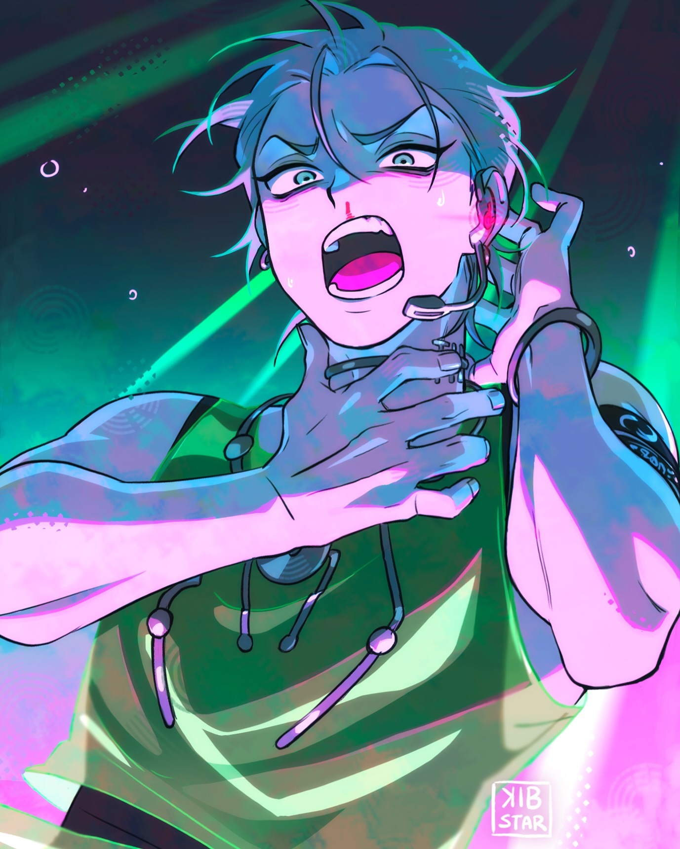 the image is a vibrant digital painting of an animestyle male character, possibly a singer or performer, on stage. he's depicted in a dynamic pose, midsong, with his hands near his throat and a microphone near his mouth. his expression is intense and emotional, his eyes wide, and mouth open in song. he wears a green tank top with a hoodie and has several accessories. the background is filled with bright neon green and pink lighting effects suggesting a concert setting. the style is highly stylized and artistic, with bold colors and sharp lines.  there's a small artist signature or watermark in the bottom right corner.