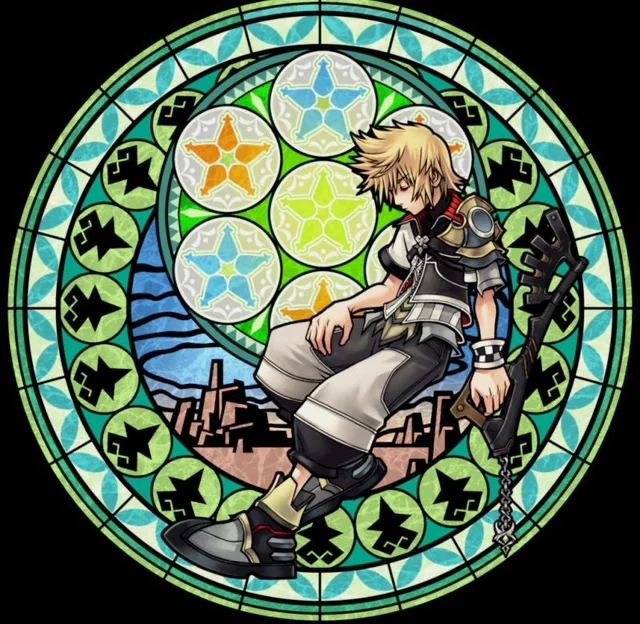 the image depicts a young man with spiky blond hair, sitting in a relaxed pose within an ornate circular stained glass window. he is dressed in a black and white outfit with red and yellow accents, and holds a large, intricate keylike weapon. behind him, a crescent moon rises above a stylized cityscape, all rendered in vibrant greens, yellows, and blues.  the overall style and imagery are reminiscent of the video game series kingdom hearts.