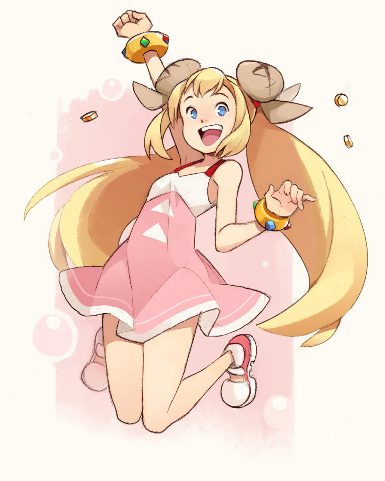 a young anime girl with long blonde hair and blue eyes is depicted joyfully leaping in the air. her attire consists of a pink and white dress, complemented by yellow bracelets adorned with jewels. the background features a minimalist design with bubbles and golden coins, enhancing the overall cheerful ambiance.