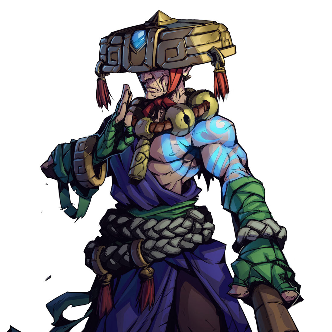 a digital illustration of a warrior with a long beard, wearing a large hat and a robe. he has large tattoos on his arms and is holding a staff in his hand.