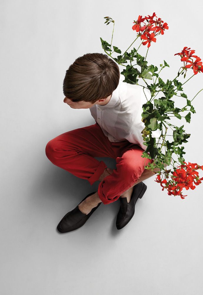 a bird's eye view studio shot of a man wearing red pants, a white shirt, and black loafers, squatting and looking down while holding a geranium plant with red flowers. the background is a light gray color.