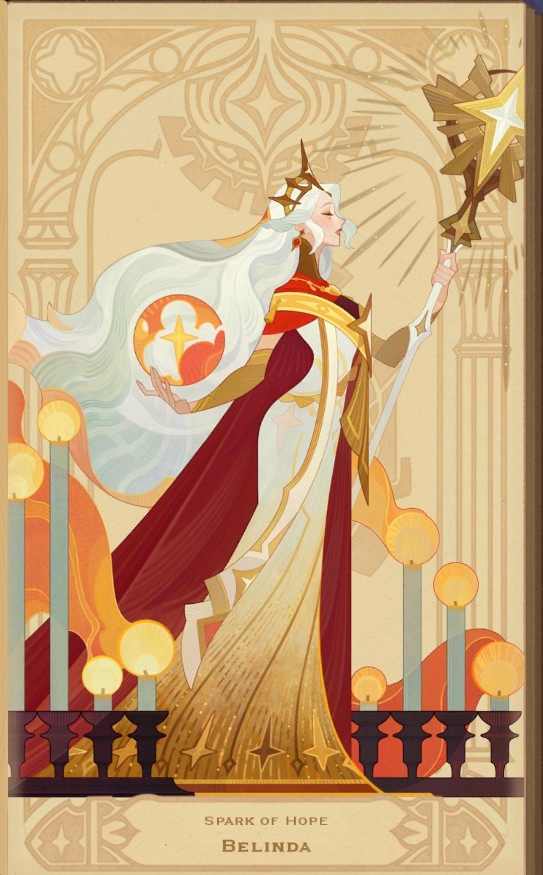 a woman with long white hair and a golden crown stands in a majestic hall adorned with tall burning candles. she is holding a shining orb in one hand and a staff topped with a bright star in the other. her long flowing dress is white and gold, matching the warm, divine light emanating from her and the objects she holds.  she appears powerful and benevolent.