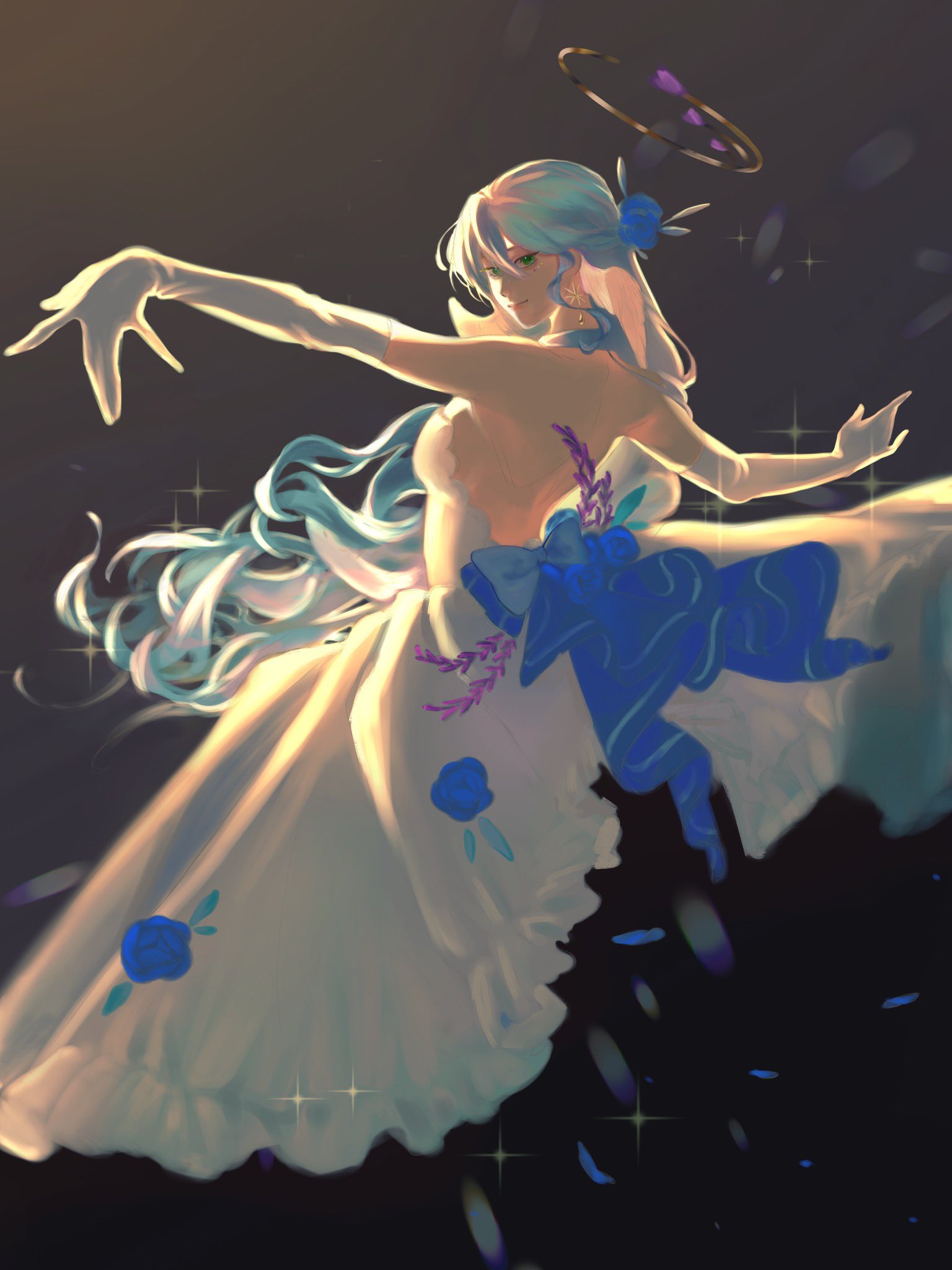 a digital illustration of an anime girl with long blue hair. she is wearing a white dress with a blue ribbon and halo. she is floating in the air with her arms outstretched. the background is dark with some light shining from behind her. there are sparkling stars around her.