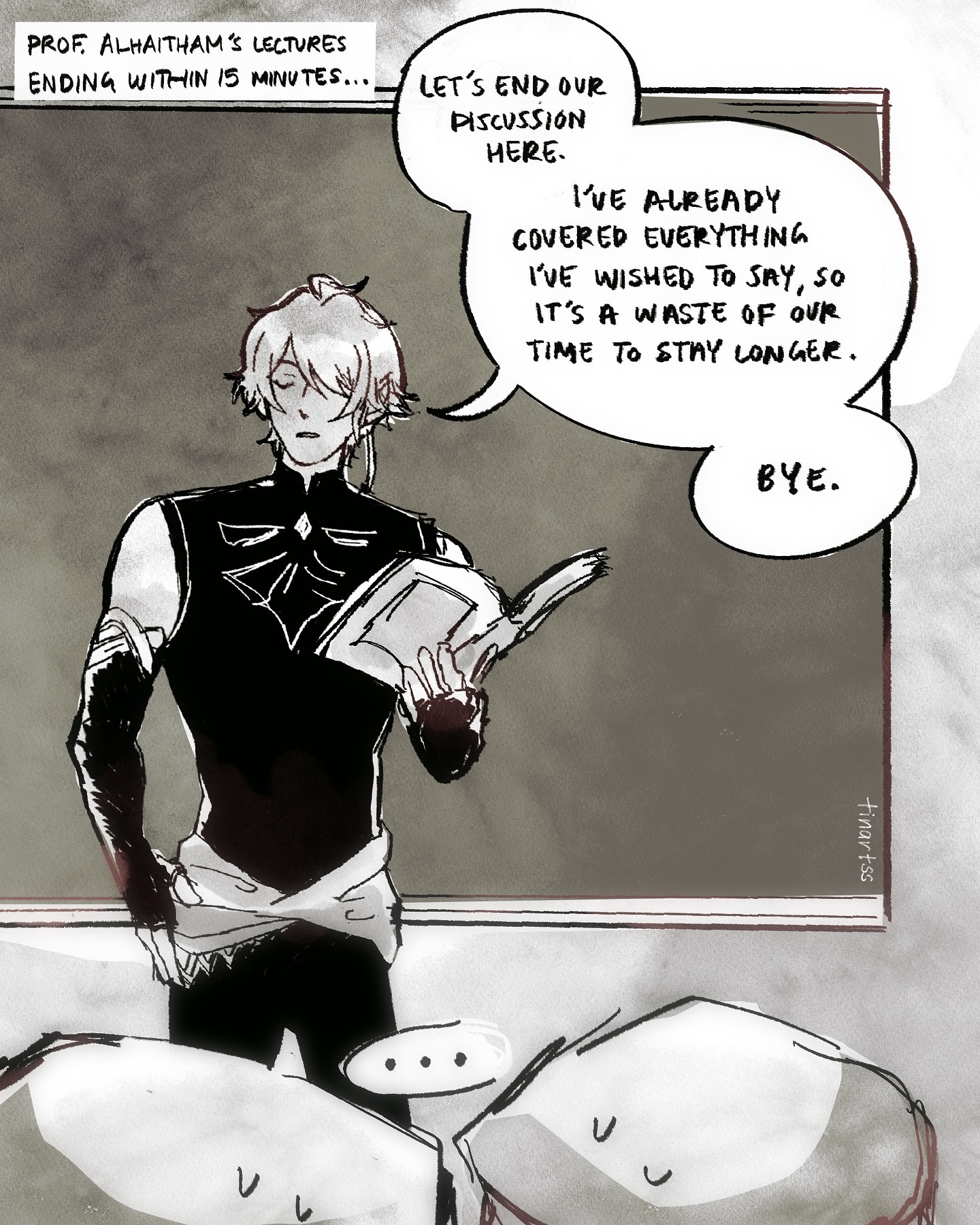 a black and white sketch depicting alhaitham, a character from genshin impact, concluding a lecture. he stands before a blackboard, addressing students represented as simple shapes. speech bubbles convey his announcement of the lecture's end and his farewell. the style is reminiscent of manga or anime fanart.