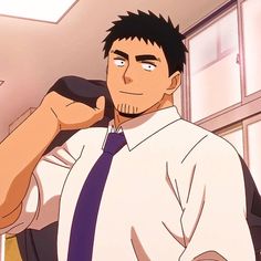 a portrait of an anime man in a white dress shirt and blue tie. he is carrying a black jacket over his shoulder. he has short, dark hair and a muscular build. he is looking at the viewer with a confident expression. the setting appears to be a school hallway.