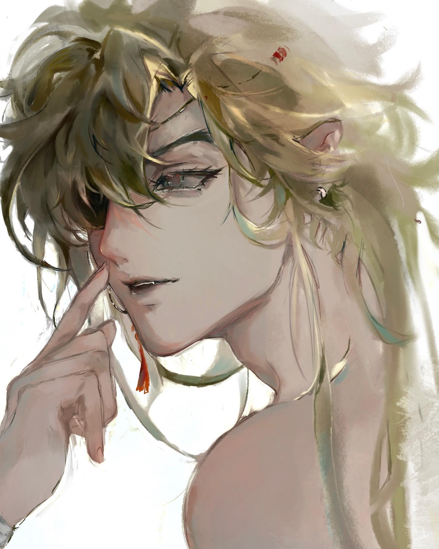 the image is a digital painting or illustration of a young, androgynous animestyle male character. he possesses long, flowing blonde hair and pale skin. his expression is pensive and slightly melancholic. he's touching his nose with one finger, and his eyes hold a depth of emotion.  the art style is semirealistic, using loose brushstrokes that create a soft, ethereal quality. the colors are muted and blend seamlessly. the overall effect is one of delicate beauty and a hint of mystery.  he's wearing a simple headband and an earring. the background is mostly white with soft shades of beige and gray, drawing focus to the figure.