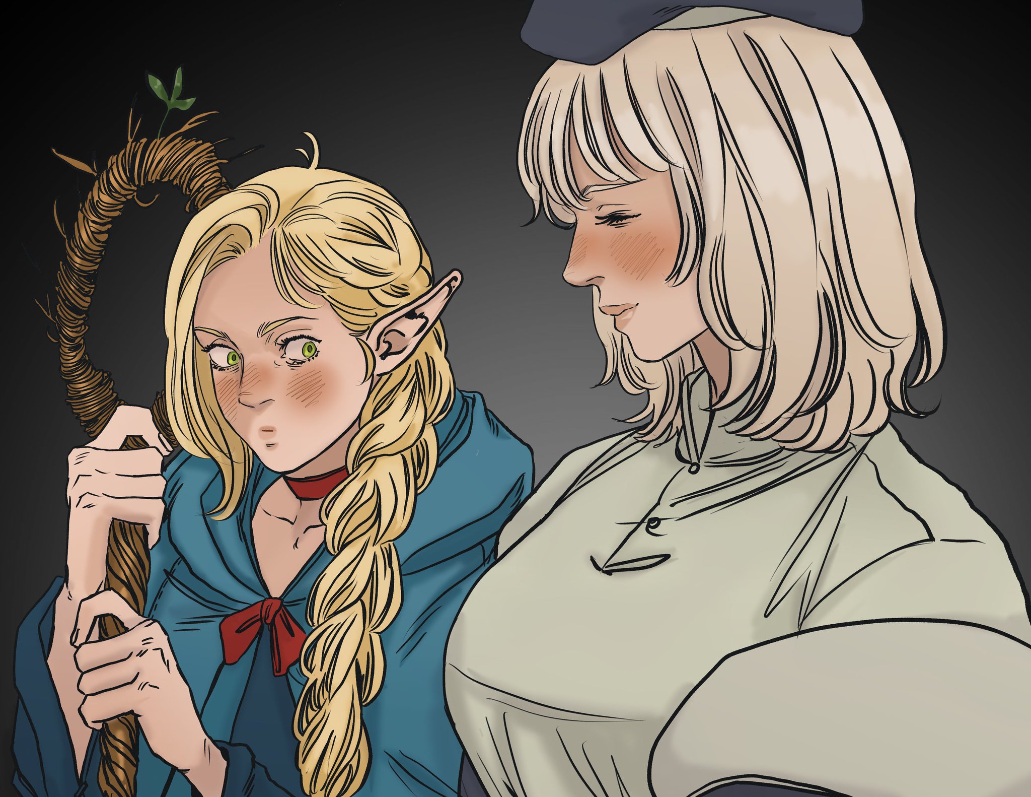 an illustration depicts two women with blonde hair against a dark background. on the left, an elflike character with pointed ears and green eyes holds a wooden staff with a small plant sprout on top. she is blushing and wearing a blue hooded cloak with a red bow and choker. to the right, a woman with short blonde hair and a blue cap gazes down at the elf, also blushing. she wears a light green garment with a button at the neck.