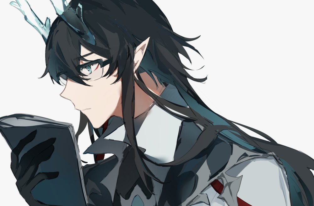 this is an image of a beautiful anime girl with long black hair and blue eyes. she is wearing glasses and a white shirt and is reading a book. her hair is flowing behind her and the image is drawn in a very elegant style.