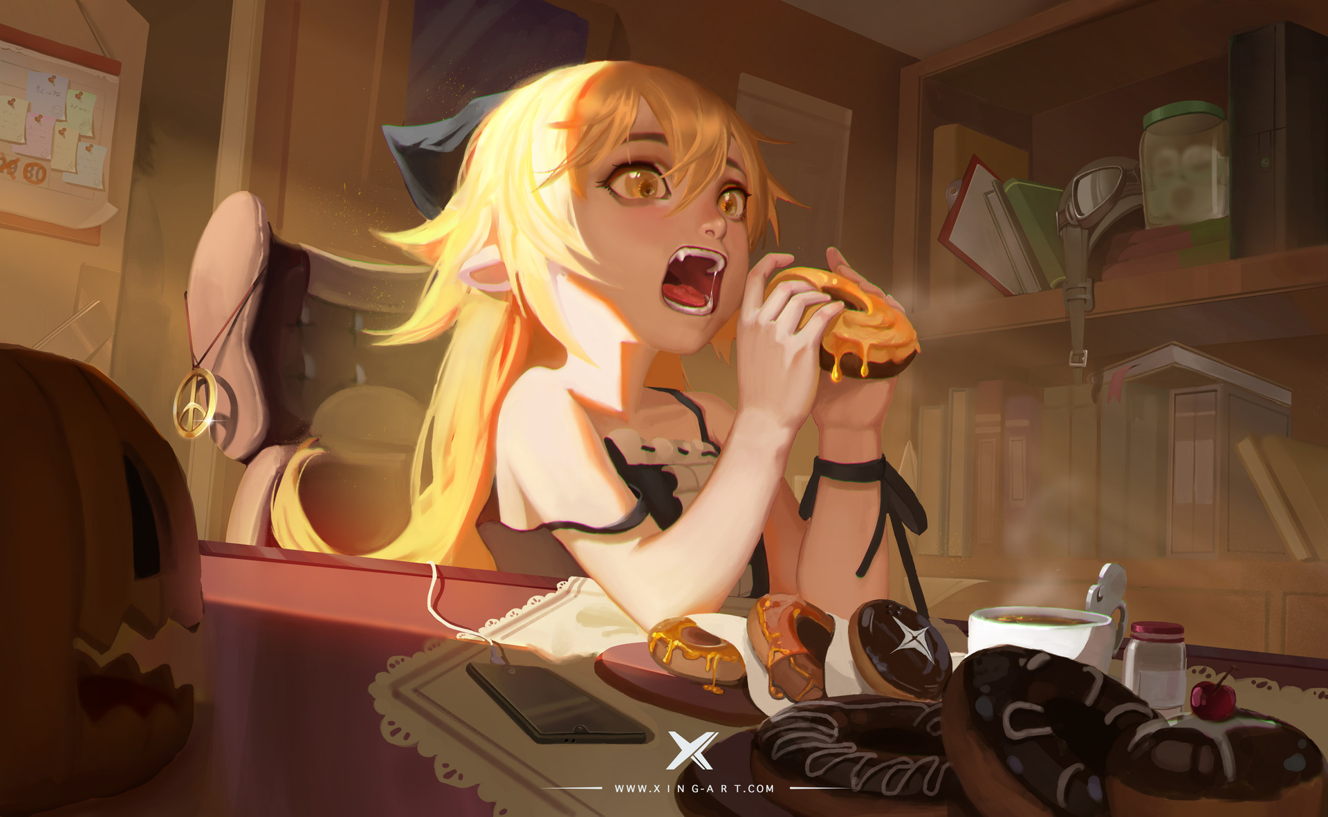 the image is a digital painting of an animestyle girl with long blonde hair and cat ears. she is sitting at a wooden table in a warm, cozy room filled with books and a halloweenthemed pumpkin.  she is excitedly eating a glazed donut, and there are many other donuts and chocolate pastries on the table along with a mug of tea. the overall style is soft and slightly whimsical, with a warm color palette that creates a comfortable atmosphere. the scene appears to be set during autumn or halloween, given the presence of the pumpkin and the overall warm color tones. the girl's expression is one of delighted enjoyment as she savors her treat.