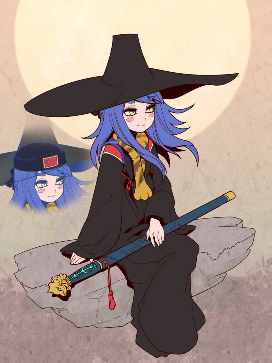 this is a digital illustration of an anime girl in a black witch hat, black robe and blue hair. she is sitting on a rock and holding a sword. there is a moon in the background. the character is in the foreground of the image. there is a second, smaller version of the girl in the background that appears to be floating.