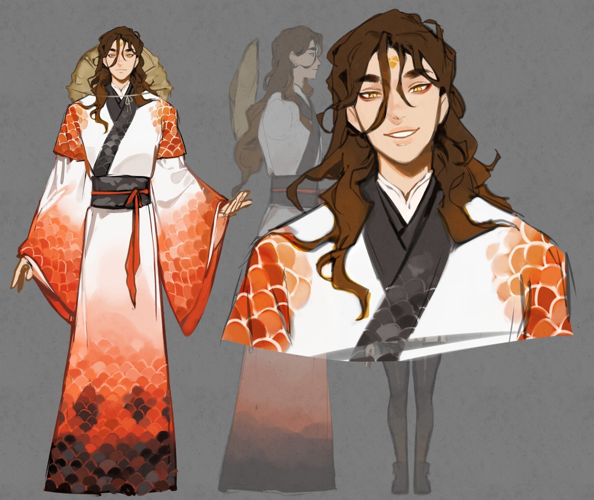 the image shows an animestyle character design of a man with long brown hair, yellow eyes, and a slight smirk. he is wearing a white and red kimono with a pattern resembling dragon scales, and a black obi. the image includes a fullbody depiction of the character, a closeup portrait, and a partial view of another version of the character with similar clothing. he has a golden headpiece and earrings. the background is a muted gray.