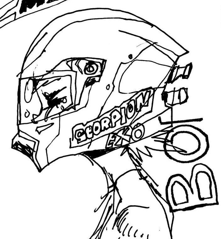 a black and white sketch of a motorcycle helmet with the word "scorpion" and "exo" written on it. the drawing is done in a loose, gestural style.  the helmet is drawn in perspective, with the visor open. the helmet is drawn with bold lines, making it a prominent feature in the composition.  the background is simplified, and the overall style is expressive and dynamic.  the subject matter of the image is clearly a motorcycle helmet, and it appears to be part of a larger artwork.