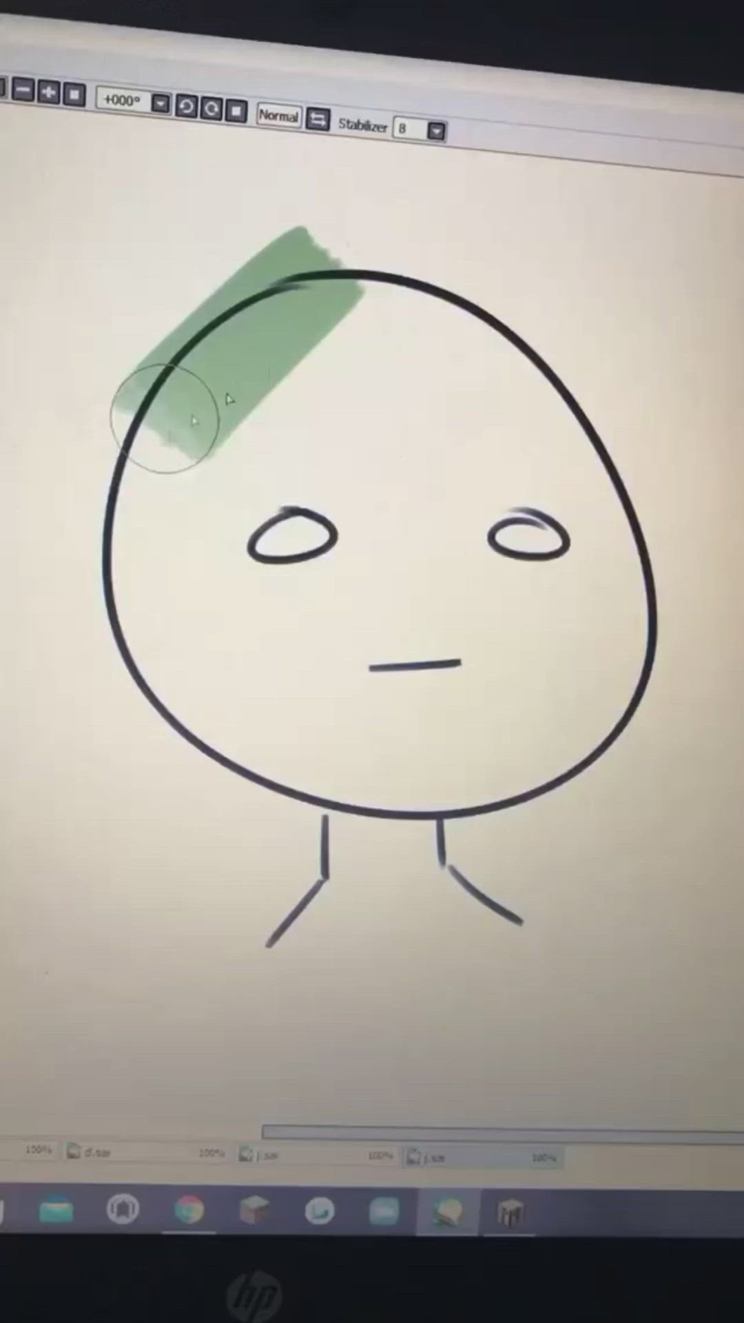 a digital drawing of a stick figure with a circle for a head. the head has two eyes and a horizontal mouth. it is drawn on a laptop screen.