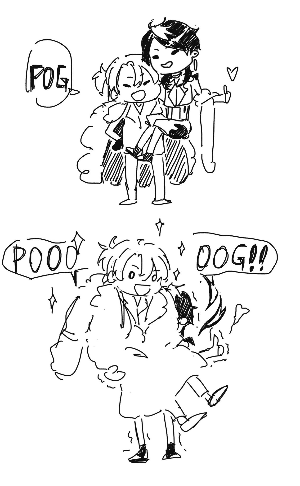 a black and white cartoon doodle drawing of two people hugging with a speech bubble that says "pog." the bottom panel has another cartoon doodle of a person saying "pood" in a speech bubble and another person saying "dog" in a speech bubble.