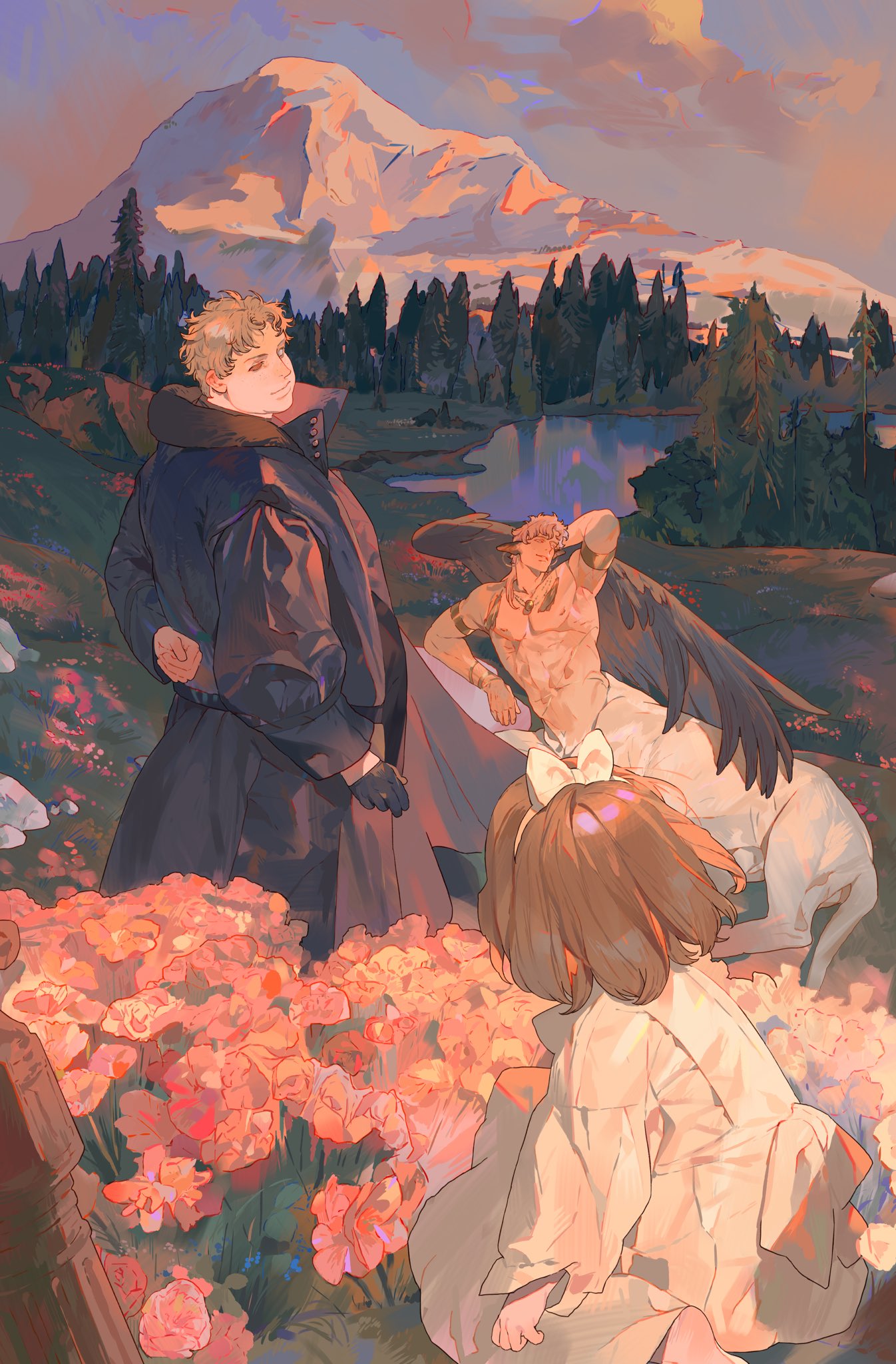 the image depicts a group of characters in a serene, fantastical landscape. a man in a long black coat and gloves stands to the left, while a winged centaur rests in the middle of the scene. a girl in a white dress kneels amongst flowers in the foreground. behind them is a backdrop of a lake, trees, and a mountain range under a colorful sunset sky. the overall style is reminiscent of anime or digital art with a soft, painterly quality.