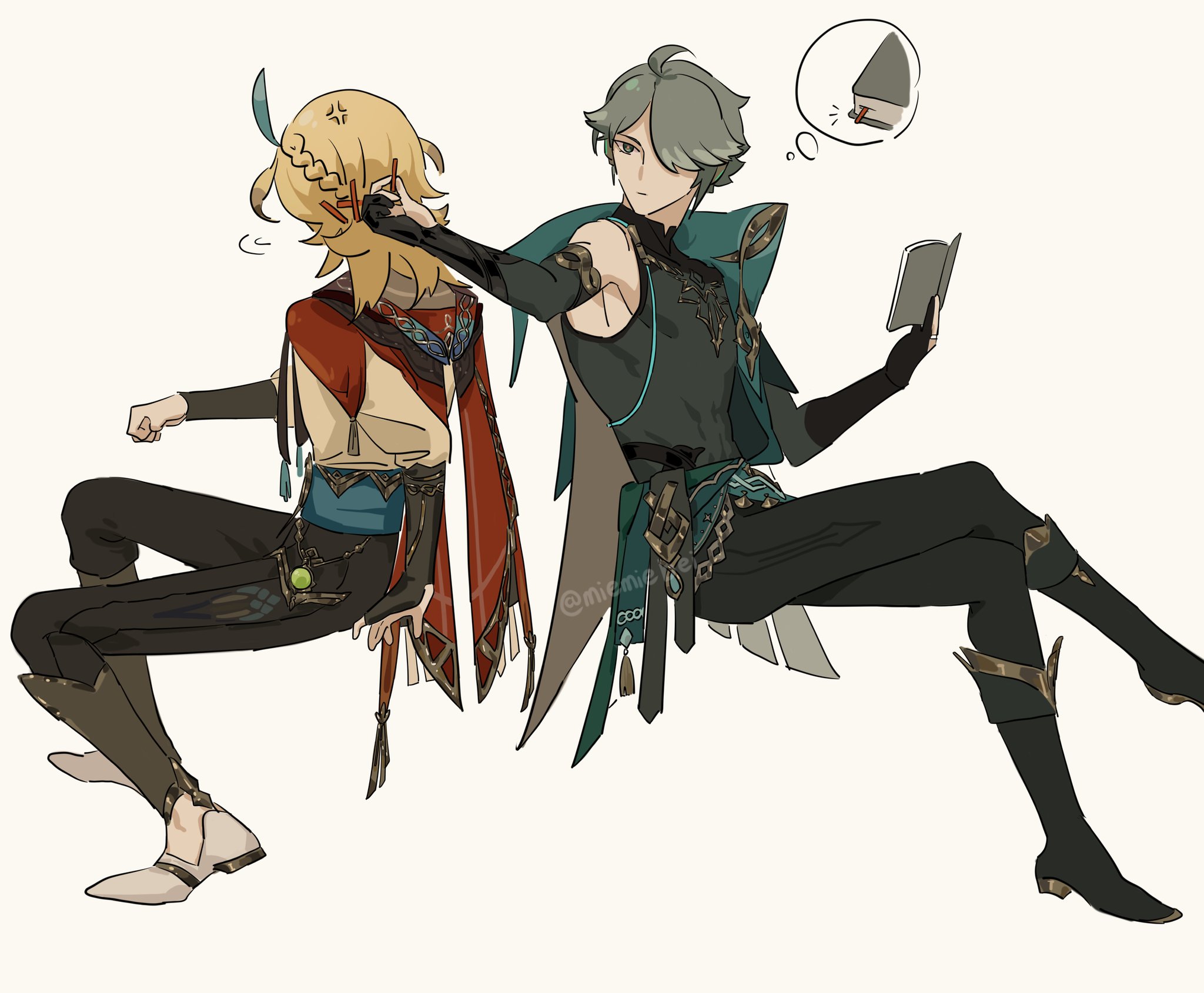 two anime guys are sitting casually. the guy on the left is blonde with a red scarf. the guy on the right is green haired and holding a book in his hands. he is looking up to the right with a thought bubble above his head, with an image of a book in it. the blonde guy is looking annoyed with a thought bubble above his head showing an exclamation mark. the background is white and the art style is simple.