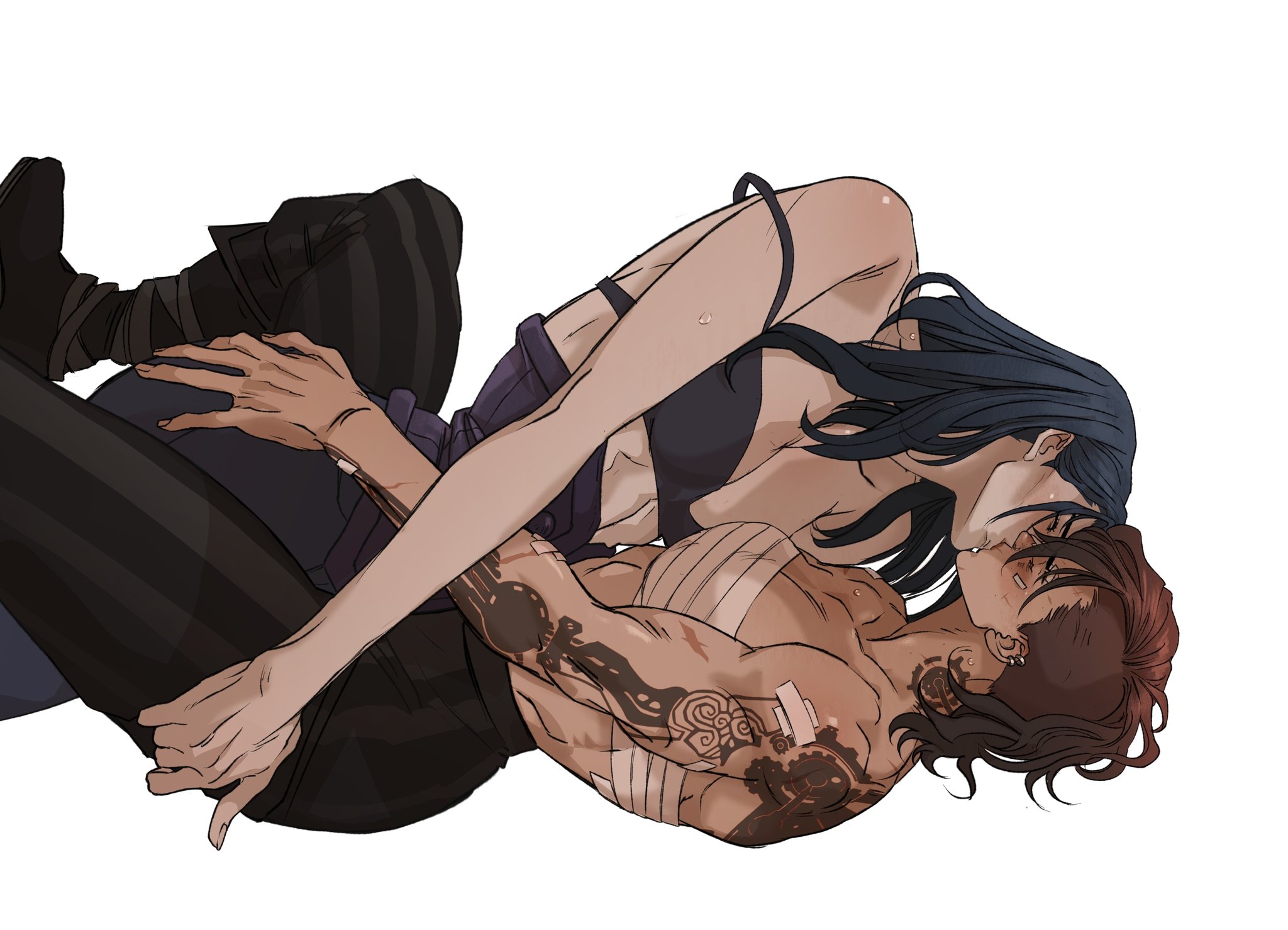 the image is an illustration of a couple kissing. the woman has dark hair and light skin, wearing a black top. she's on top of the man, who has dark skin, brown hair, and tattoos covering his arms. he's wearing some sort of wraps on his torso. they are embracing intimately. he's wearing boots and leggings.