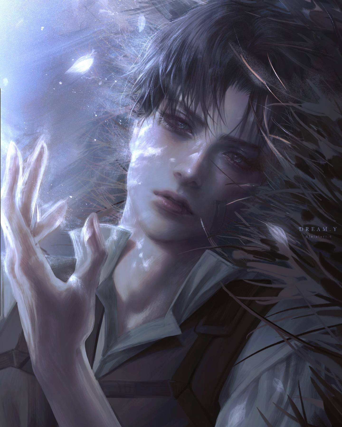 the image is a digital illustration of a male anime character. he is depicted in a dark and mysterious setting, with his face partially obscured by his long, dark hair. he has piercing blue eyes and a determined expression on his face. he is wearing a light gray shirt and what appears to be a dark vest. the background is blurred and indistinct, which adds to the sense of mystery. the character's hand is raised, as if he is about to strike. the image is full of action and energy, and it is sure to capture the imagination.