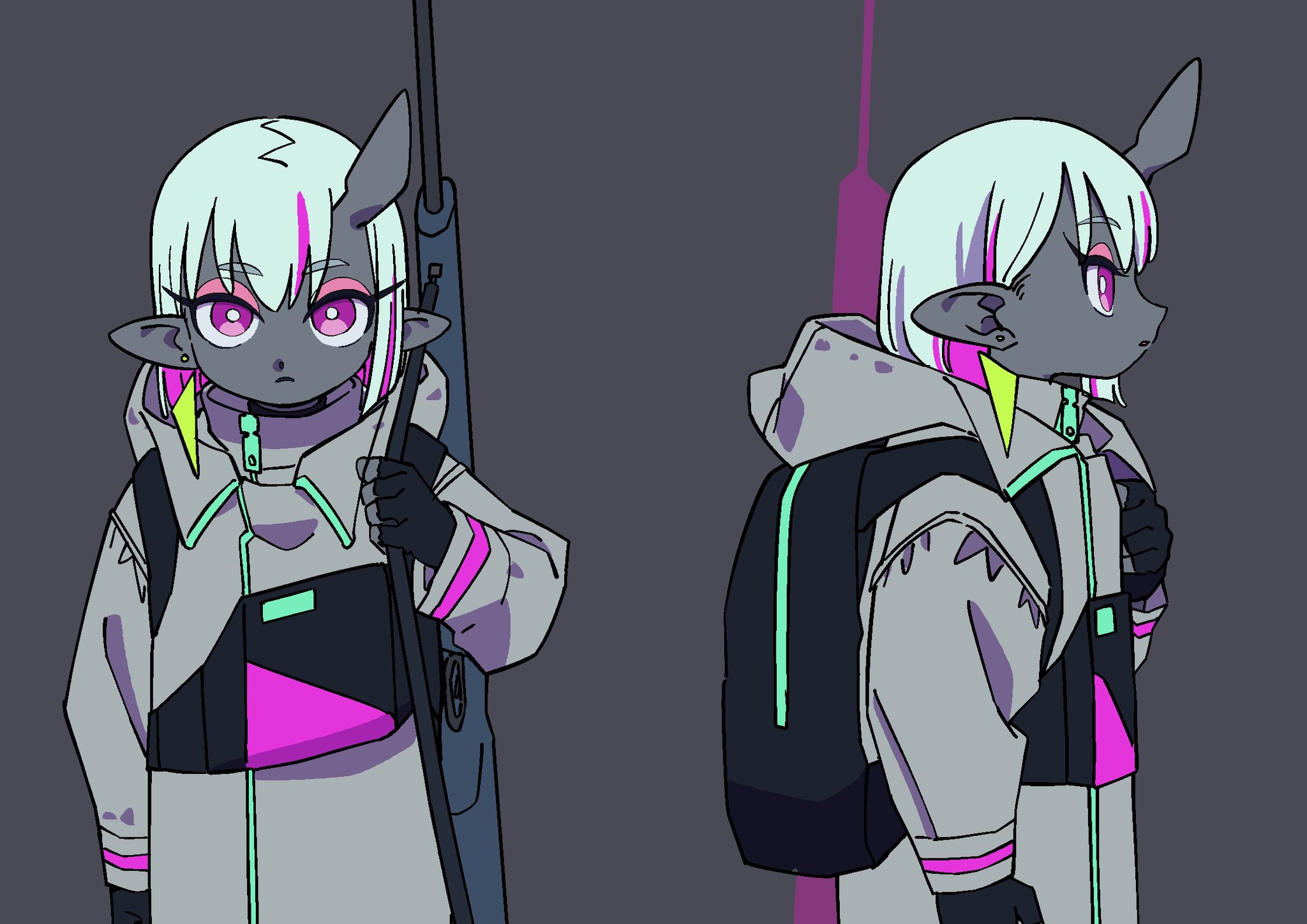 two views of a character concept design. the character is a young elflike girl with white hair, black skin, and horns. she's wearing a futuristic, cyberpunkinspired outfit with neon green and pink accents. she is holding a large rifle in one view and has her back turned in the other view, revealing a backpack.