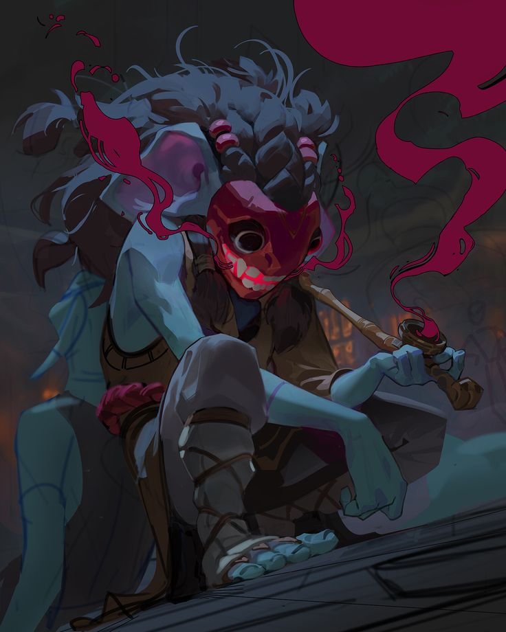 a blueskinned creature with a red mask sits in a dark and mysterious setting, smoking a pipe. the creature appears to be holding a wooden stick in its right hand, and its left foot is resting on a wooden surface. there are smoke trails and wisps of smoke coming from the creature's pipe, and the creature's right hand is reaching out to the viewer.