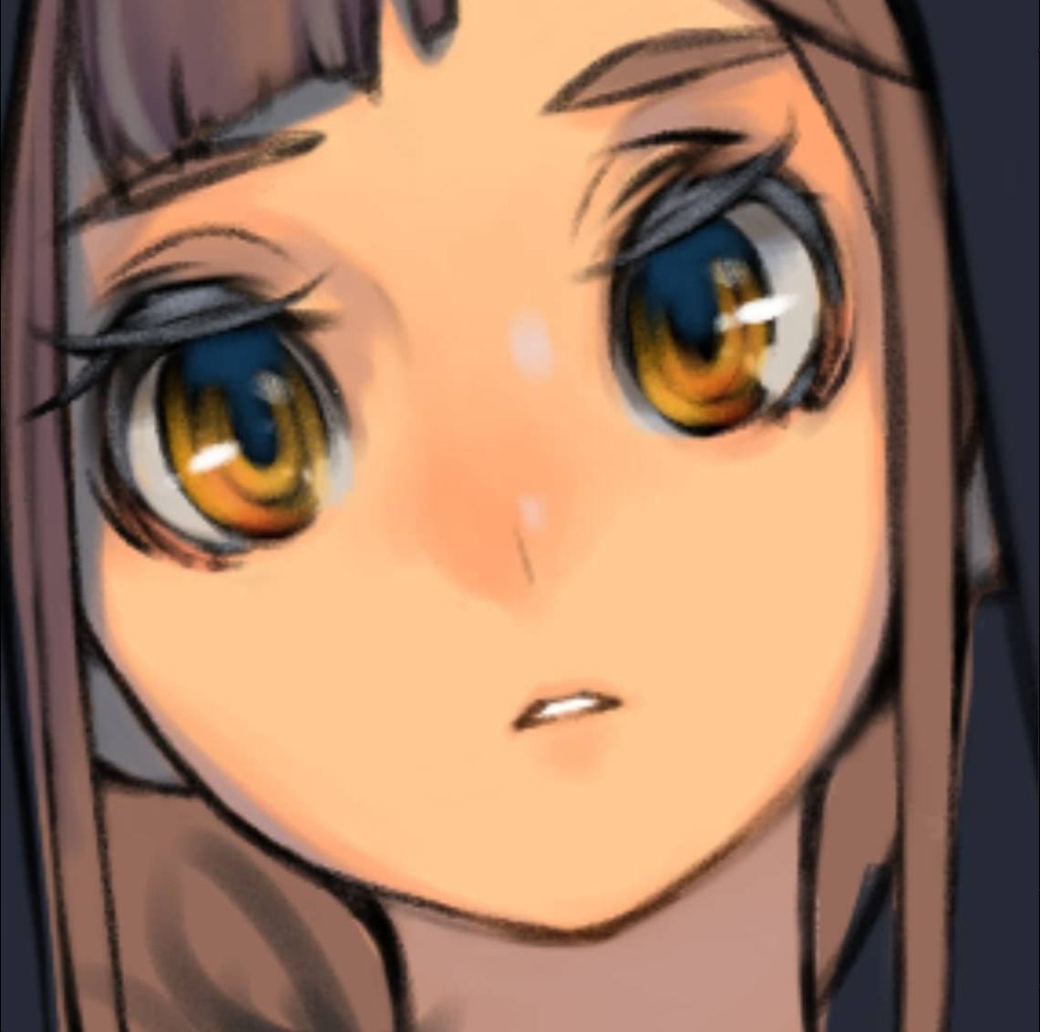this is a closeup illustration of an anime girl's face. she has brown hair, large, expressive yellow eyes, and a slightly confused expression. the art style is soft and painterly, with warm lighting.  the perspective is at eye level, creating a sense of intimacy and connection with the viewer.