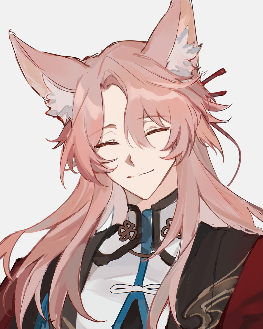 an anime character with pink hair and fox ears is smiling at the viewer. he is wearing traditional chinese clothing and has long, flowing hair. the background is white.