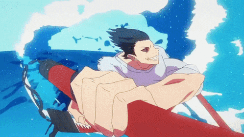the image is a vibrant animestyle gif or short video clip depicting a young man with dark hair intensely focused on driving a jetski or similar watercraft at high speed across the ocean.  the water is splashing dramatically around him, and his expression is a determined grin. the colors are bright and the animation style is dynamic, emphasizing movement and speed. the overall impression is one of energetic action and excitement.