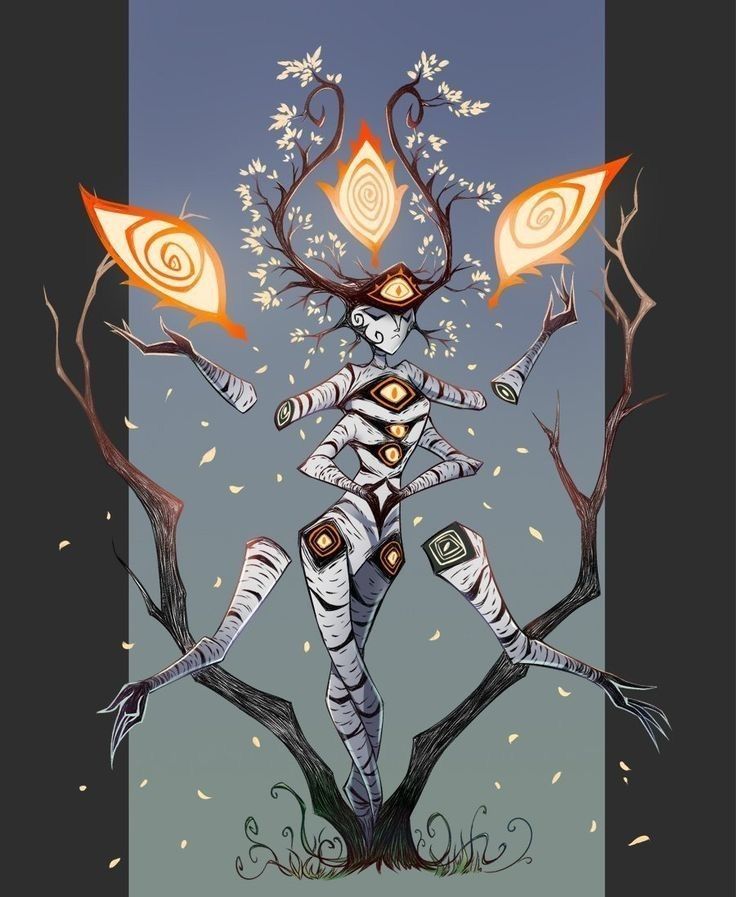 the image depicts a surreal fantasy creature with multiple arms and glowing eyes. the creature appears to be composed of segments wrapped in striped bandages. it has tree branches sprouting from its head adorned with leaves. two of its limbs float beside it, holding glowing objects that resemble eyes. the creature stands amidst the branches of a dead tree, set against a cooltoned, desaturated background.