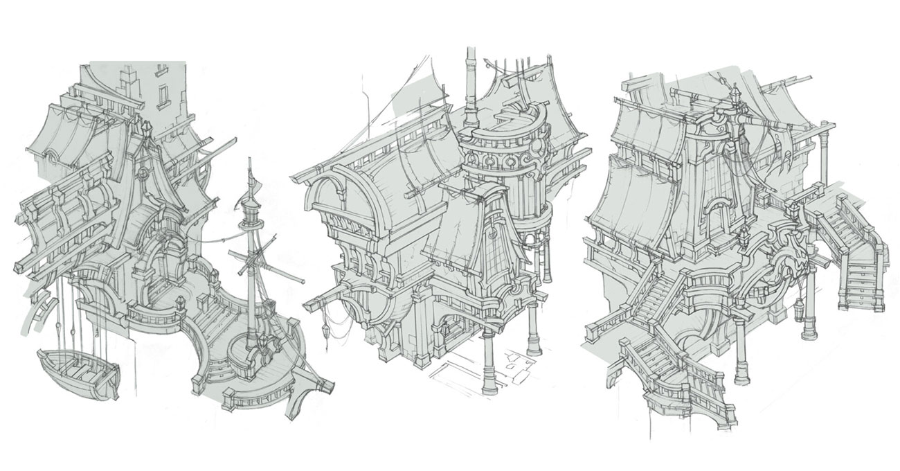 this is a concept art sketch of a fantasy medieval building. it's a 2d digital illustration with a grey and white colour palette, featuring a building with a large wooden structure resembling a ship, with a dock and bridge, stairs, columns, windows, and detailed beams.  the sketch shows a variety of angles of the building, giving a detailed view of its intricate design.  the style of the artwork is clean and simple, with thin lines and a minimalist approach.