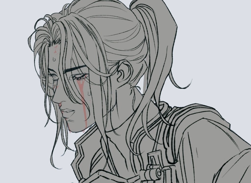 a drawing of a man with long hair in a ponytail looking sad, with blood coming from his nose and tears in his eyes, seemingly injured.