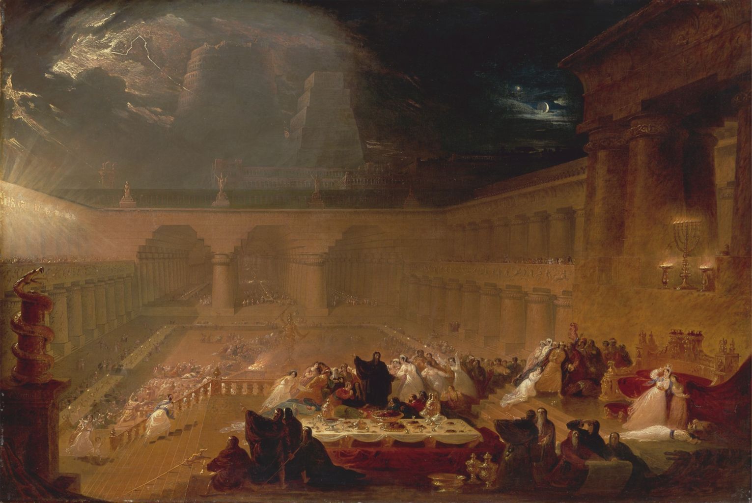 the painting depicts a scene of belshazzar's feast, a biblical event where king belshazzar of babylon held a grand banquet during which a divine hand appeared and wrote a warning on the wall. the scene is set within an enormous, opulent temple with towering architecture, massive columns, and a multitude of figures engaged in revelry. the king is likely amidst the crowd, surrounded by people at a table laden with food and drink. moonlight illuminates the right side of the scene, while lightning flashes in the sky on the left, casting a dramatic light on the architecture in the distance. the mood is one of impending doom as the revelry is soon to be interrupted by the prophecy.