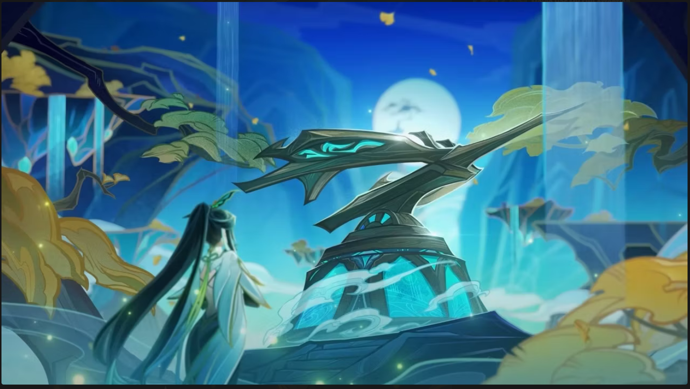 the image is a fantasy scene set in a magical forest. a young girl in an ethereal blue and green dress is standing before a glowing stone statue, looking up at the sky. there are waterfalls in the distance and floating trees. the moon is full and bright in the sky, casting a soft light on the scene. the entire image is filled with a sense of magic and mystery.